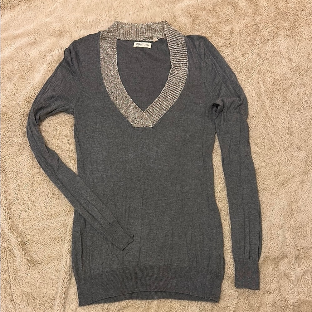 Gray V-Neck Sweater with Metallic Trim